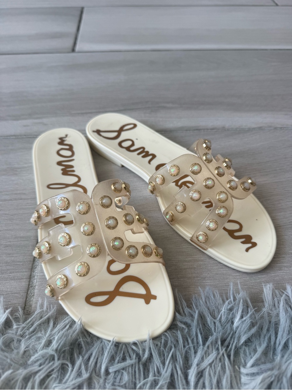 Sam Edelman Jelly Embellished Slide Sandals – Ivory – Size 7